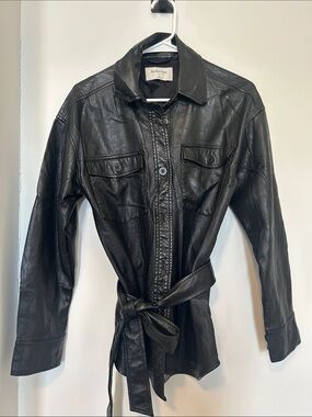 Babaton Black Leather Belted Shirt-Style Jacket